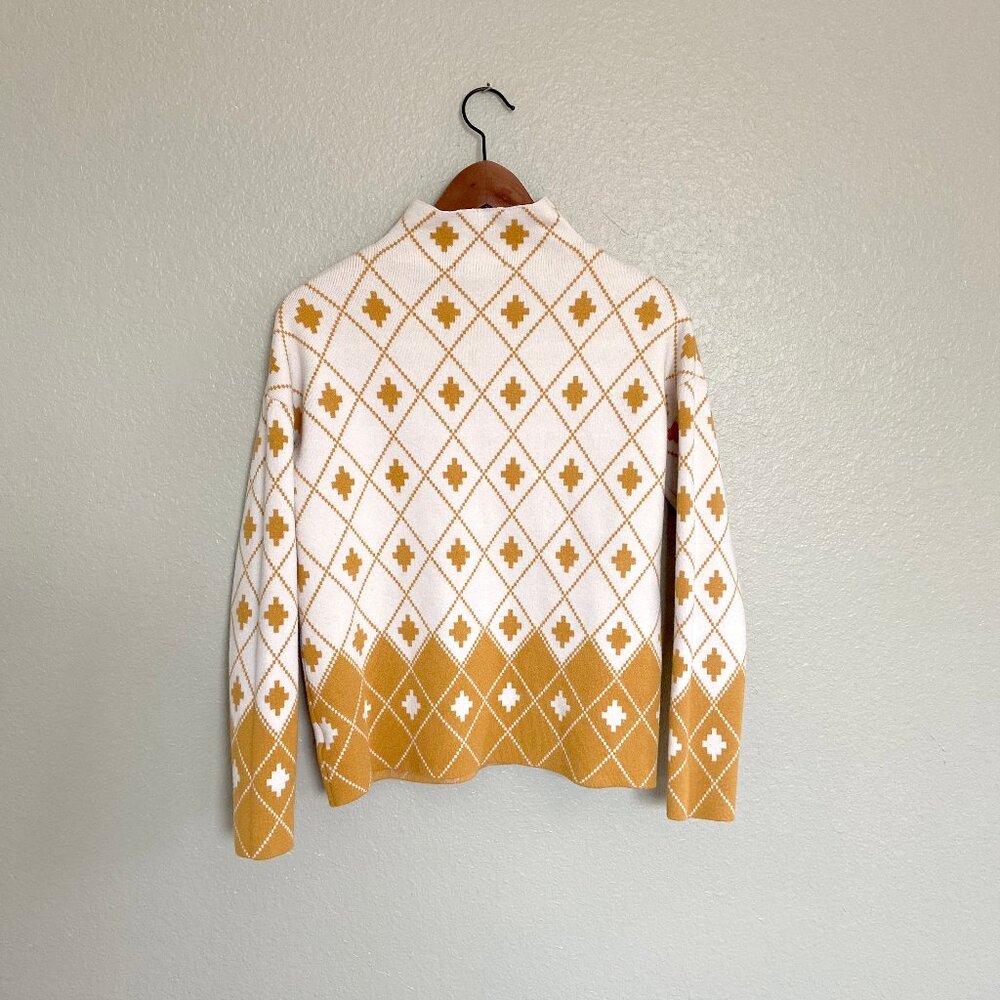 🦋 3 for $15 Rachel Zoe Funnel Mock Neck Mustard and Cream Argyle Sweater - Picture 2 of 9